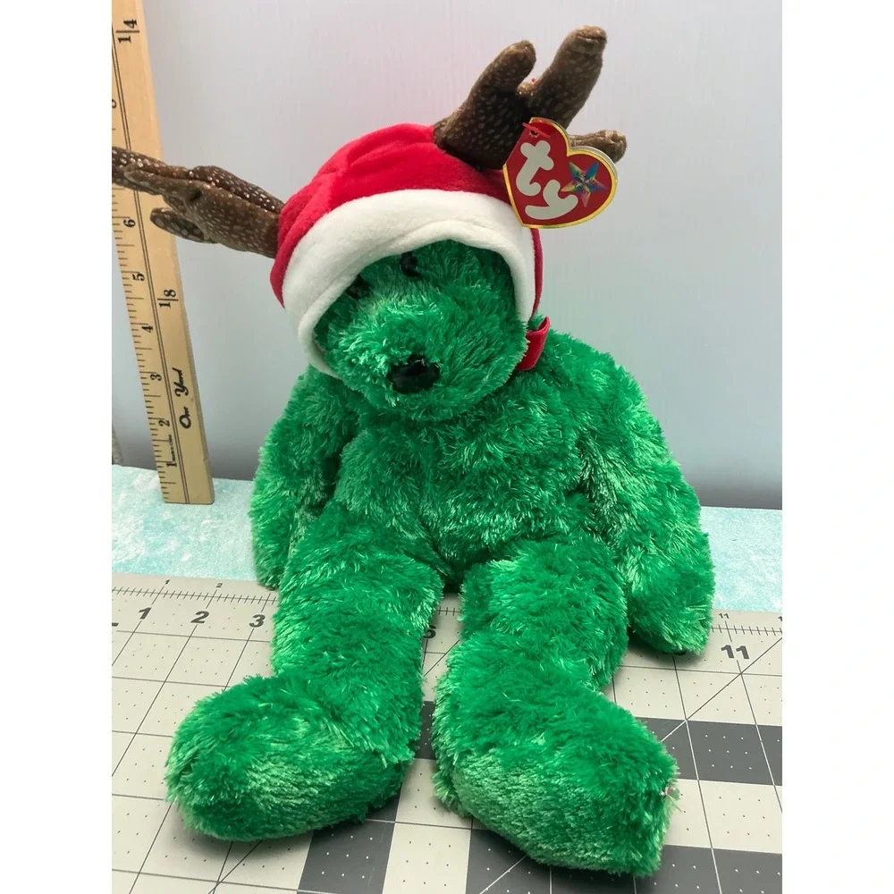 Ty Beanie Buddy Seasons the Bear Green Christmas Plush Santa Hat Antlers 2002‎